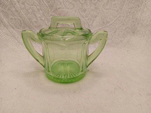 Vintage Uranium Green Depression Glass Sugar Bowl & Lid -Colonial Pattern, Glows