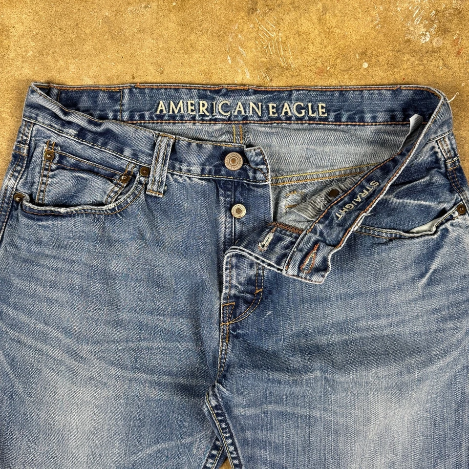 Y2K American Eagle Men’s 34x30 Straight Leg Button Fly Jeans Blue Distressed - Image 3 of 4