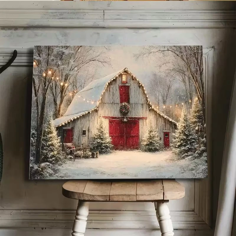 Vintage Farmhouse Christmas Barn Painting - Winter Snow Scene with Red Doors - Image 4 of 4