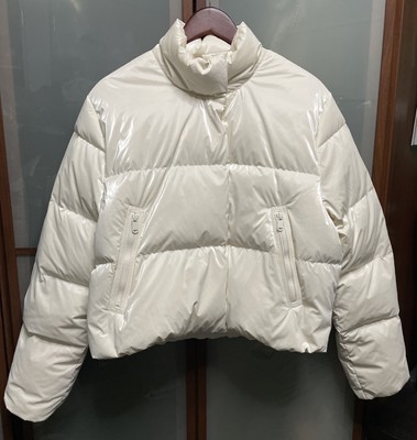 Athleta Summit Cropped Shine Button Down Hi Collar Puffer Jacket Glacier Size L