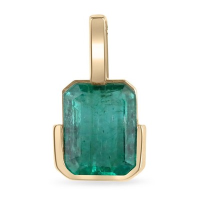 3.10 Carat Unique Zambian Emerald Half-Bezel Pendant With 18 Inch Necklace 14K