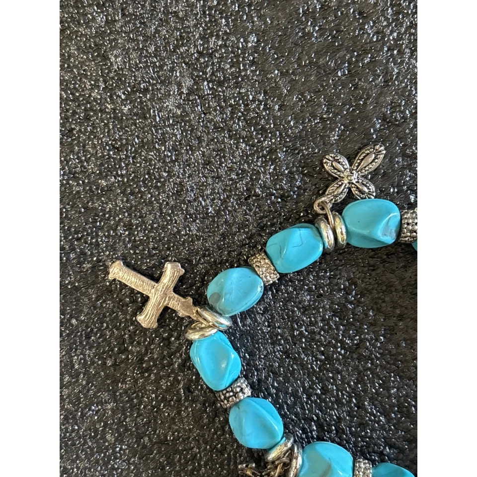 Pulsera Piedra Turquesa Tono Plata Cruz Dijes Religiosos Boho Chic Joyería Foto 4 de 4