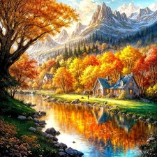 Fall Mountain Lake House 13.8 inches x inches, Autumn 