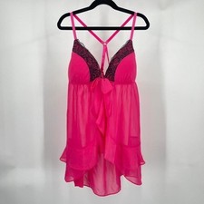 Y2K Sheer Babydoll Slip Dress Lingerie Lace Bow Pink Ruffle Coquette Romantic M