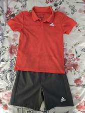 Adidas Boys Orange  Gray Polo T-Shirt  Athletic Shorts Outfir Set Size 6 FAIR