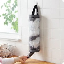 1 Pc Wall Mounted Mesh Bag Dispenser Grey Kitchen Garbage Storage Pouch