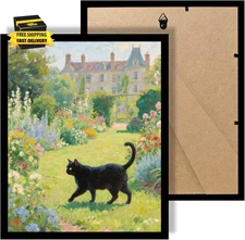 Monet Style Framed Wall Art Poster - 8X10 Inch Black Cat in Garden Vintage Poste