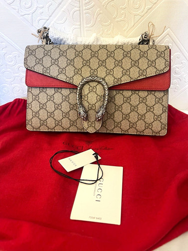 Gucci Dionysus Medium Beige GG Canvas Suede Shoulder Bag Silver Chain Strap