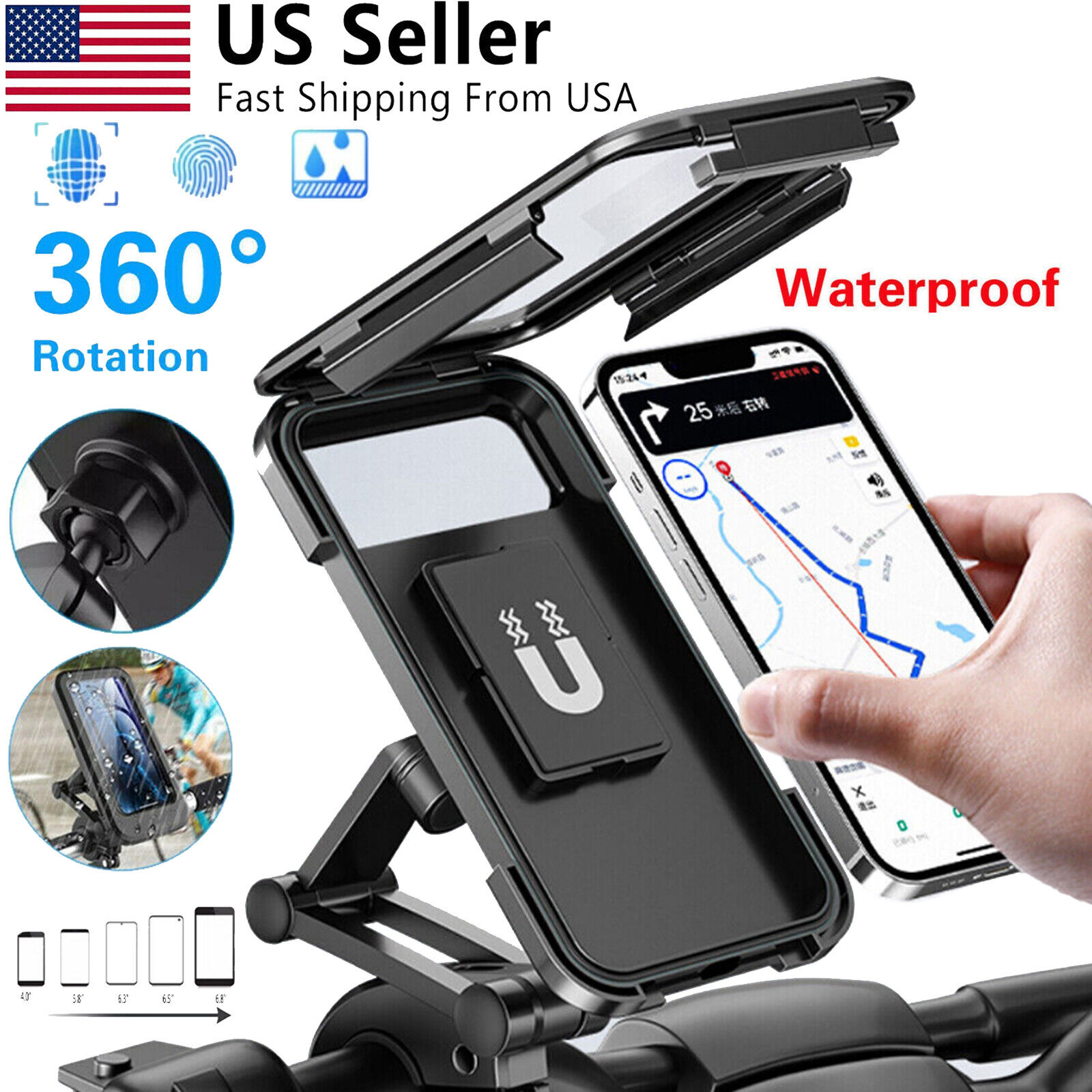 Motorcycle Bike Handlebar Cell Phone Holder Touch Screen Waterproof Case Mount