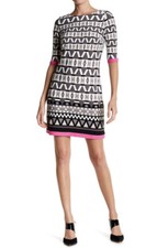 Eliza J Shift Dress 3/4 Sleeve Black White Geometric Women's Sz 4 Pink Hem