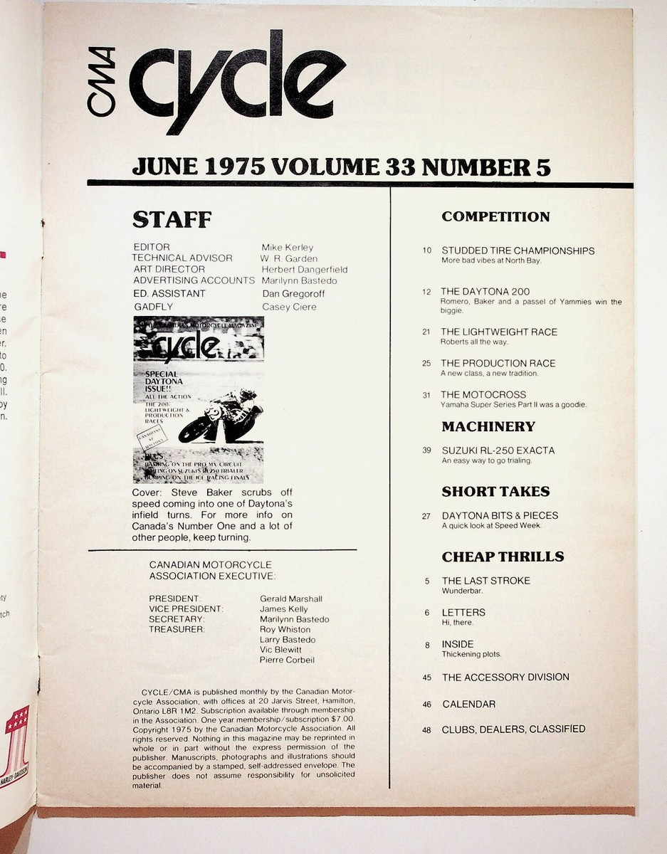 1975 June Cycle CMA Canadian Motorcycle Magazine Daytona Motocross