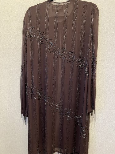 Sue Wong Chocolate Brown Duster Jacket Silk Beaded Fringe Size 12 NWT Evening - Picture 10 of 13