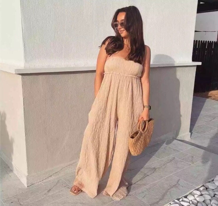 ZARA WOMAN STRUCTURED RUFFLE WIDD LEG JUMPSUIT BEIGE 7840