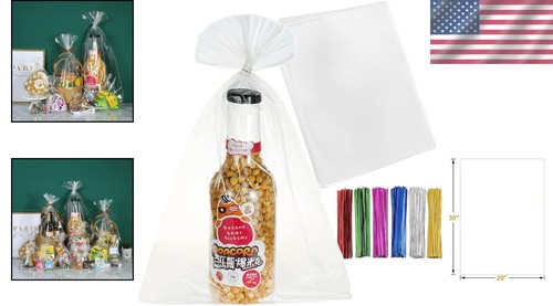 100 Pcs Premium 20"x30" Clear Cello Treat Bags with Colorful Twist Ties - 第 2/10 張圖片