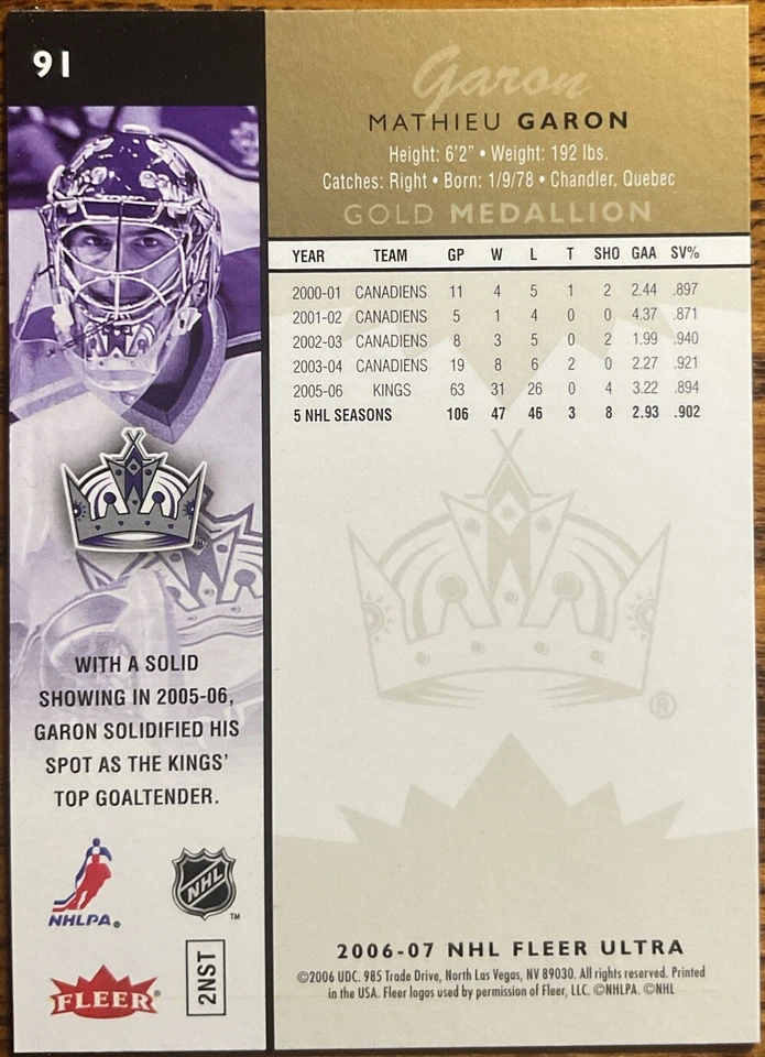 2006-07 Fleer Ultra Gold Medallion Mathieu Garon #91 Los Angeles Kings - Image 2 of 2