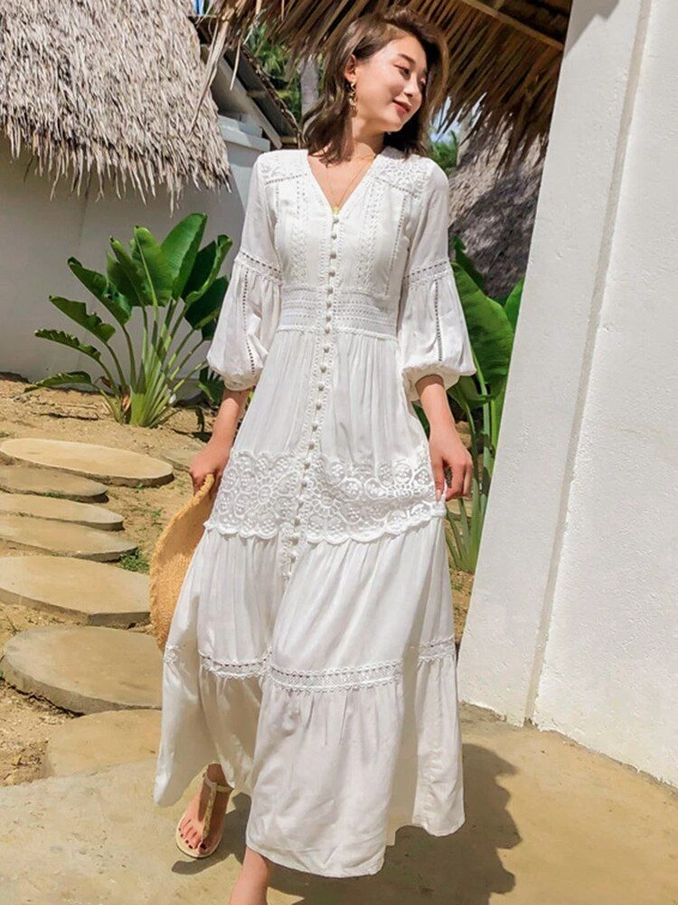 Women's Cotton V-Neck Dress Lantern Sleeve Summer Ladies Beach Wear Maxi  Dresses