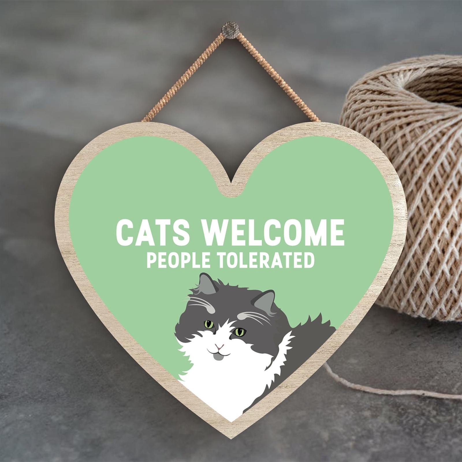Grey & White Cats Welcome People Tolerated Katie Pearson Heart Wooden Plaque