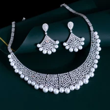 Cubic Zirconia Bridal Pave Chunky Big Wide Pearl Wedding Necklace Jewelry Set
