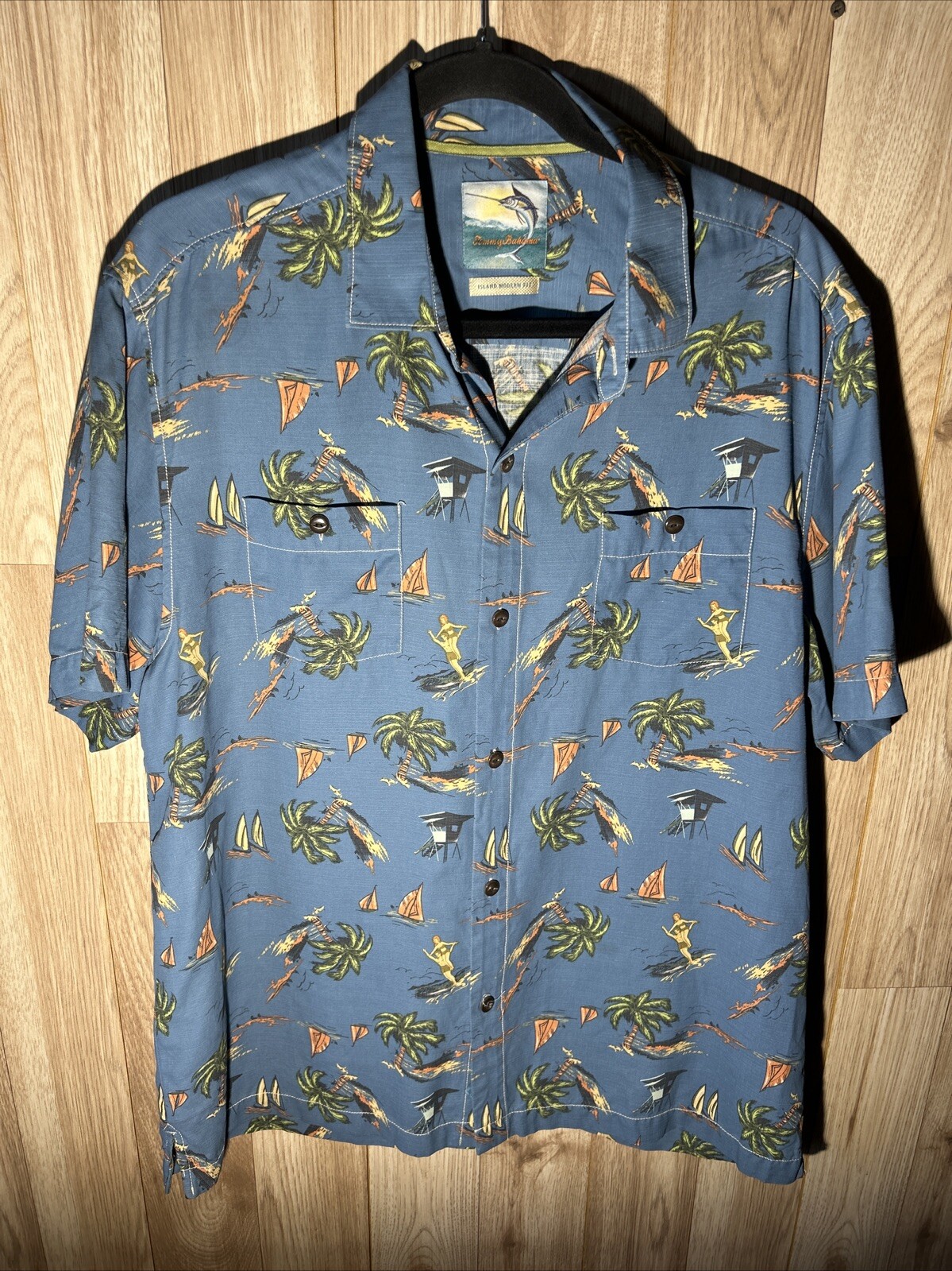 Tommy Bahama Hawaiian Camp Shirt with Surf and Palm Tree Print for Men