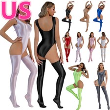Woman Shiny Bodysuit Leotard Thigh High Stockings Lingerie Nightclub Jumpsuit
