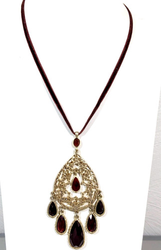 Beachy Tribal Ethnic Gold Tone Open Work Teardrop Red Charm Velvet Necklace 18"