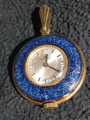 Vintage Bucherer Pendant Watch - Blue Enamel w/Gold Speckle - Works Excellent!