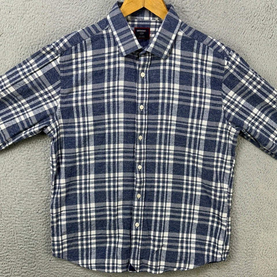 UNTUCKit Shirt Flannel Mens Large Blue Plaid Slim Button Up Casual Long Sleeve - Image 2 of 4