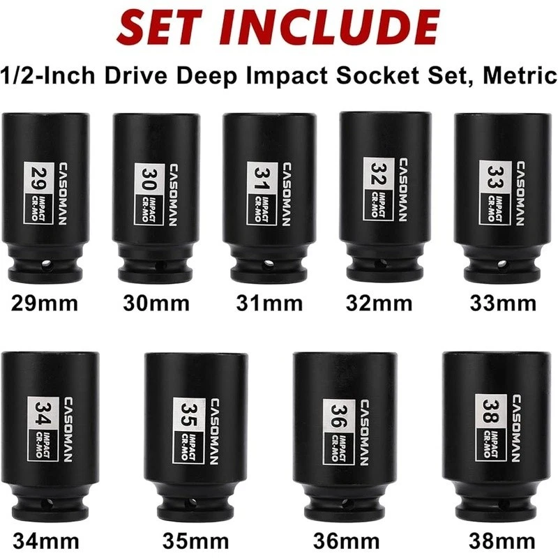 9pcs 1/2 Inch Deep Impact Socket Set Axle Nut Repair Tools Chrome Steel New - Image 3 of 4
