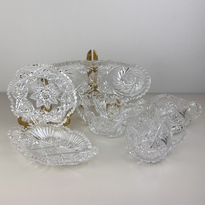 Mixed Set Of 6 Pcs Antique American Brilliant Cut Glass Trays, Bowl, Creamer