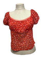 NO BOUNDARIES Red Floral Mesh Short Sleeve Empire Waist Top Sz. Jr. L*
