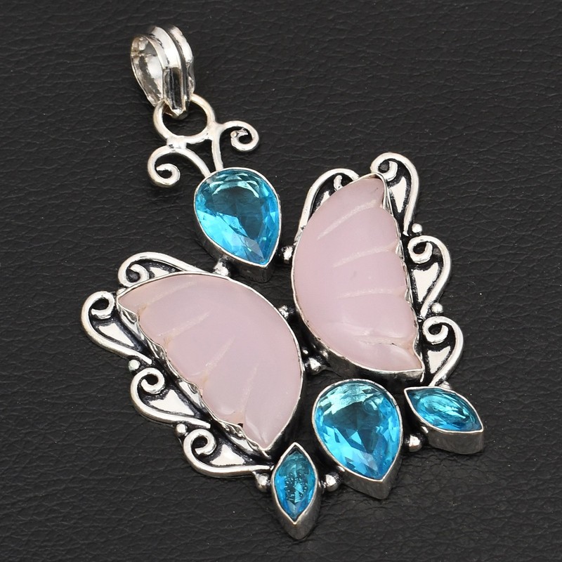 Rose Chalcedony Blue Topaz Gemstone Butterfly Pendant Jewelry 2.88" AP-36995