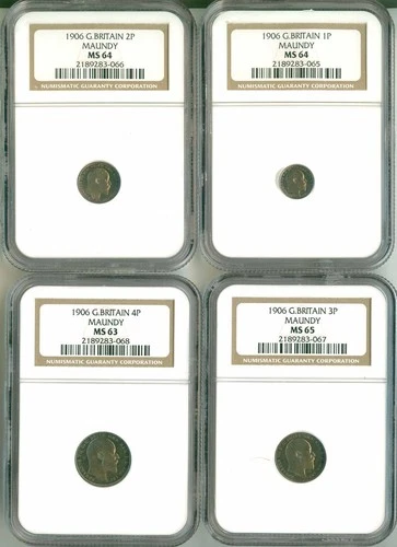 1906 Great Britain 1P MS64 2P MS64 3P MS65 4P MS63 Maundy NGC King Edward VII
