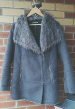 WAREHOUSE GREY FAUX SUEDE MID LENGTH AVIATOR COAT FAUX FUR COLLAR SIZE 14