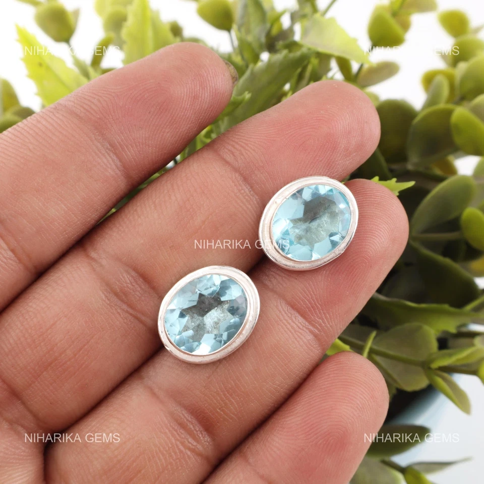 Pendientes De Gota Ovalados De Topacio Azul Cielo De 925 Plata Esterlina - Imagen 3 de 4