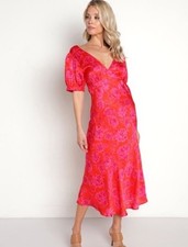 Jen’s Pirate Booty Daisy Circle Dress Neon Pink Floral Puff Sleeve Midi Medium