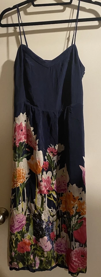 Vestido Anthropologie Moulinette Soeurs Aven Bloom Azul Marino Seda Floral Midi 8 Foto 2 de 4
