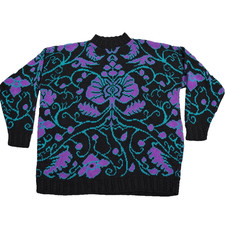 VTG Carriage Court Sweater Womens Large Black Purple Teal Floral Knit USA Made