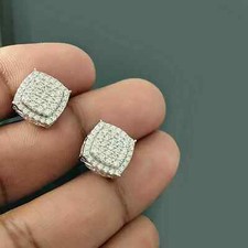 2 Ct Round Cut Real Moissanite Halo Cluster Stud Earrings 14k White Gold Plated