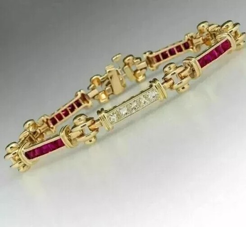 Lab-Created Red Ruby Women's Bracelet 8 Ct Princess Cut 14k Yellow Gold plated - Picture 4 of 5