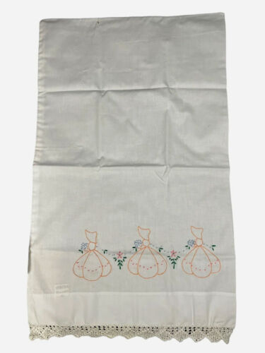 Bonnet Ladies Vtg Hand Embroidered Pillowcase Hand Crocheted Lace Cottagecore - Picture 2 of 8