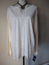 CHAPS NWT Knit Top Blouse Long Sleeves Embroidered V-neck Ivory Sz.XL