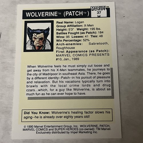 1990 Marvel Comics Super Heroes Trading Card #37 Wolverine Patch | NM - Bild 2 von 2