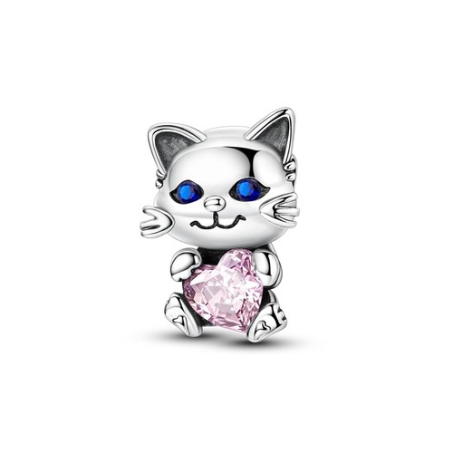 MULA European 925 Silver Plated Blue CZ Cat Heart DIY Charm For Women Bracelet - Picture 3 of 6