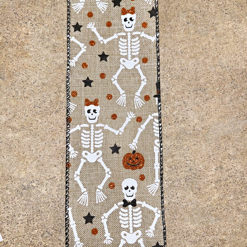 Halloween Skeleton Orange Glitter Pumpkins on Canvas Wired Ribbon 2.5"x5 Yds New - Picture 3 of 5