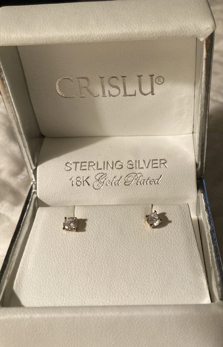 CRISLU DAINTY SOLITAIRE CZ 18K GOLD PLATED SS EARRINGS New In Box