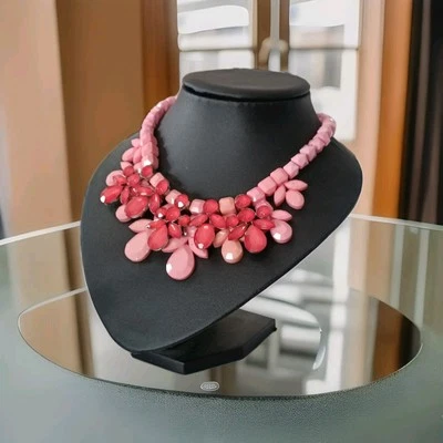 Kette Würfel Kunststoff Blätter/ Metall Rosa/Rottöne Extravagant Modeschmuck - Bild 1 von 4