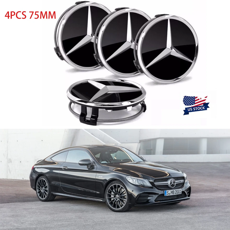Fit For Mercedes-Benz 4PCS 75mm Black Wheel Center Hub Caps Cover Badge Emblem - Image 3 of 4