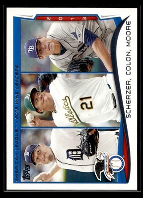2014 Topps #299 AL 2013 Wins Leaders (Max Scherzer / Bartolo Colon / Matt Moore)