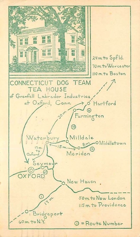 CONNECTICUT DOG TEAM TEA HOUSE, MAP, OXFORD, CT, VINTAGE POSTCARD (AN385)