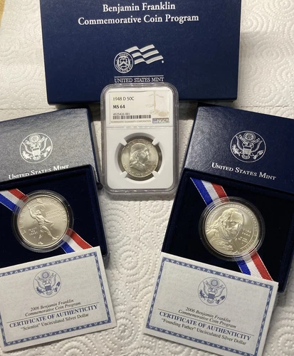 Franklin Lot! 1948-D Half Dollar MS64 NGC Plus 2 More Franklin Silver Dollars!!